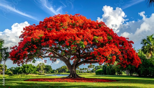 Autumn red maple tree in lush green park.