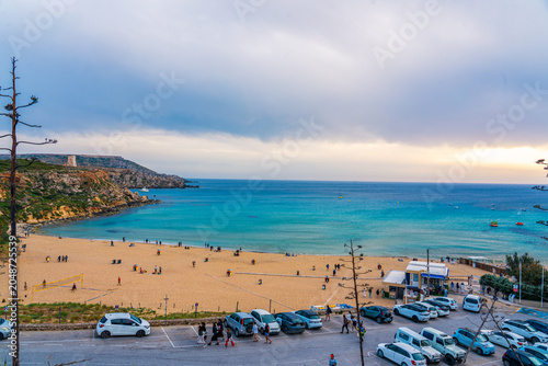 Konstfotografi Landscape of the golden bay, malta with chalky cliffs, clear blue Mediterranean