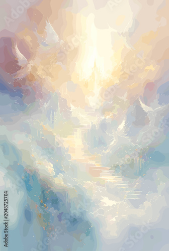 Bild auf Leinwand A heavenly vision of ethereal clouds bathed in golden light, with faint angelic figures and a luminous staircase ascending towards the divine