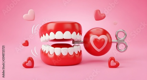 3D Conceptual Illustration of a Red Heart Wind-up Key Activating a Smiling Mouth on a Pink Background