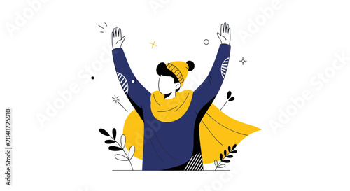 Excited Person Celebrating Success with Arms Raised, Winter Outfit