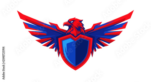 Eagle Shield Emblem, Red Blue Wings, Heraldic Symbol, Mascot, Graphic Design