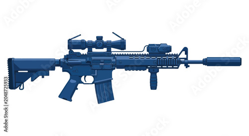 Modern Assault Rifle with Scope and Silencer - Blue Outline