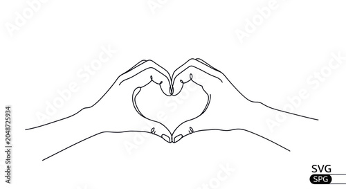 Minimalist Line Art Heart Shape Formed by Two Hands, White Background