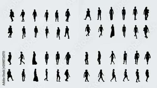 Walking silhouettes atlas for green screen compositing with chromakey background and 3d animated cartoon animation style. Human character motion collection for editing scenes transitions.