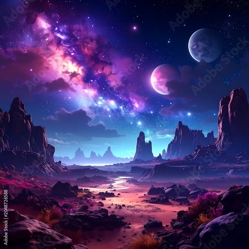 Celestial night sky with glowing moon over mountain silhouette.