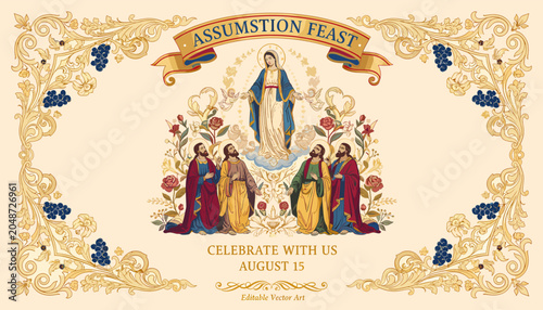 Cuadro en lienzo Assumption Feast Celebration with Mary and Apostles on August 15th, adorned with ornate floral borders