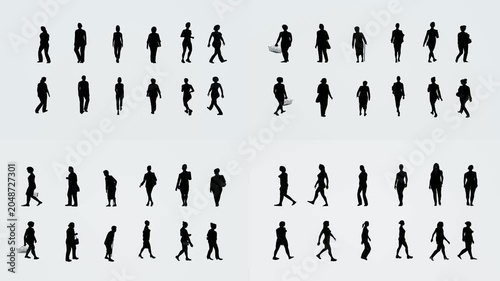Crowd motion atlas for green screen compositing with chromakey background and 3d animated cartoon animation style. Pedestrian silhouette collection for editing scenes and visual transitions.