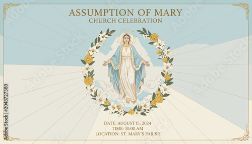 Bild auf Leinwand Assumption of Mary Church Celebration with a depiction of Mary surrounded by a floral wreath, set against a sky background