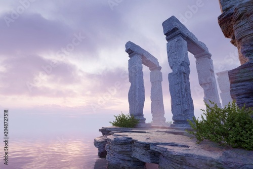 an ancient city on the edge of an ocean, with large stone statues and architecture, overlooking the water at sunrise