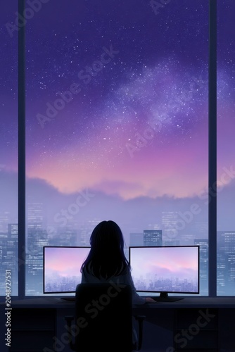a desk with two monitors facing her, a city skyline visible outside the window at night