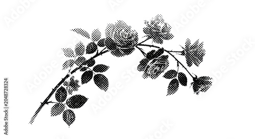 Vintage Halftone Rose Branch Illustration, Black and White Floral Design Element, Botanical Ornament