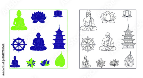 Buddhist Symbols Collection, Vector Illustration Set of Spiritual Elements and Meditation Icons