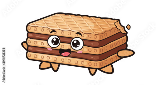 Cute Cartoon Wafer Cookie Character with Chocolate Filling, Sweet Snack Mascot Illustration