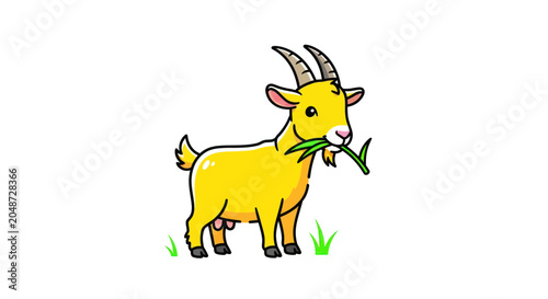 Cute Cartoon Yellow Goat Eating Green Grass on White Background Illustration
