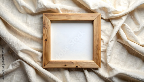 Top view of blank square wooden photo frame mockup lying flat on crumpled beige linen fabric
