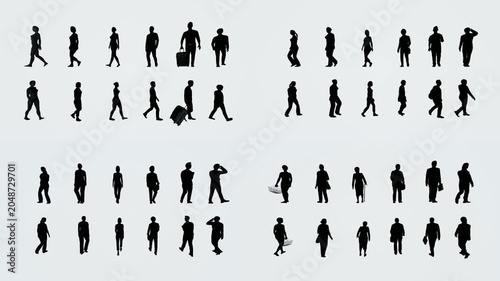 Pedestrian silhouette reference atlas for green screen compositing with chromakey background and 3d animated cartoon animation style. Human walking motions for editing scenes transitions.