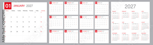 Set of calendars 2027 template modern vector design | Modern annual and monthly calendar pages for business, office, and personal planning with Sunday start | 12-month vector layout illustration