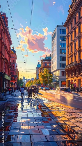 Urban street scene with autumn foliage and traffic.