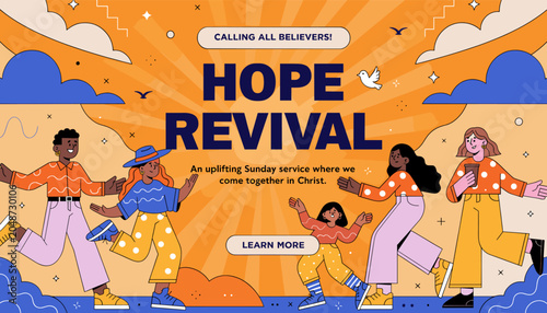 Tableau sur toile Hope Revival: An uplifting Sunday service where believers come together in Christ, featuring diverse people celebrating