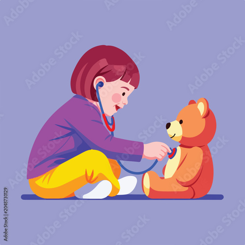 Child plays doctor with a teddy bear