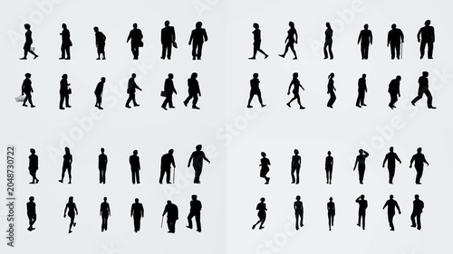 Human walking atlas for green screen compositing with chromakey background and 3d animated cartoon animation style. Pedestrian silhouette collection for editing scenes and visual transitions.