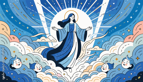 Fotografija A serene depiction of a divine figure ascending into a radiant sky surrounded by cherubic beings and ethereal clouds