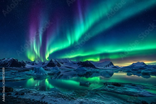 Aurora Borealis Over Arctic Glacier Lagoon with Reflective Northern Lights Sky