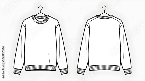 Front and back view of a blank sweatshirt on a hanger, technical fashion illustration, flat sketch, template, apparel design, vector illustration