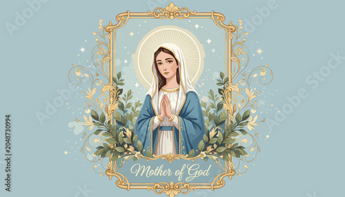 Quadro em tela Illustration of the Virgin Mary with a halo and praying hands, framed by ornate gold and green foliage, on a serene light blue background with 'Mother of God' text