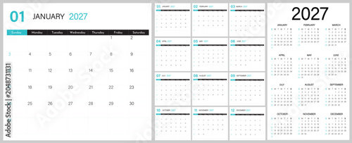 Calendar 2027 template modern vector design | Monthly planner calendar with 12-month yearly organizer | 2027 calendar diagram for wall, desk, web, office