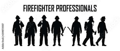 Silhouette collection of firefighters wearing protective gear and helmets