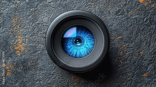 An abstract macro shot captures a stylized blue eye reflected in the lens of a camera set against a textured dark background with subtle artistic accents beautifully.