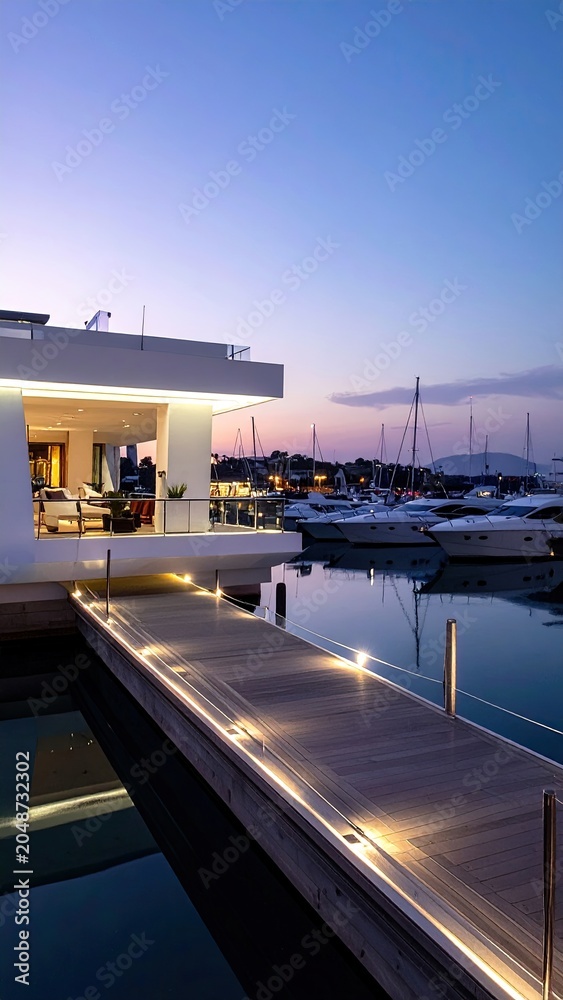 Fototapeta premium Modern Luxury Yacht Marina at Dusk with Illuminated Dock.