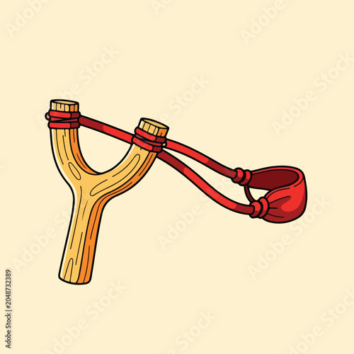 A cartoon slingshot with a wooden frame and red elastic band
