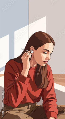 Woman cleaning ear with cotton swab by window light