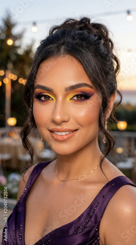 Portrait of young Hispanic woman with professional sunset eyeshadow makeup and elegant updos hairstyle posing at outdoor evening reception party