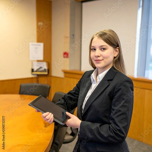 Professional woman in modern office setting smiling.