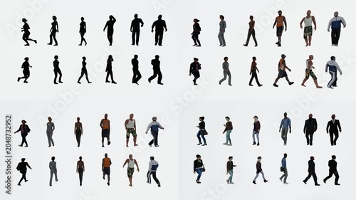 Mixed pedestrian character atlas for green screen compositing with chromakey background and 3d animated cartoon animation style. Human walking collection for editing scenes transitions.