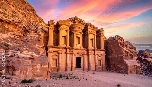 Ancient stone ruins at golden hour with dramatic sky.