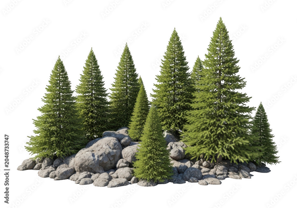 Obraz premium Coniferous trees growing on rocks with natural daylight representing wilderness and nature