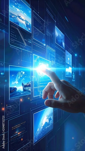 Business professional analyzing financial data on digital screen.