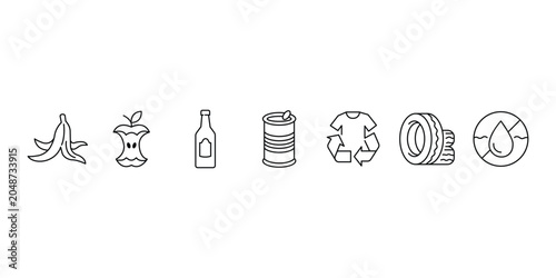 Organic food waste clothing and industrial material sorting vector icon set for sustainable garbage management.