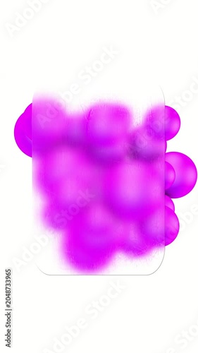 Vertical glassmorphism template with pink 3D spheres, frosted rounded rectangle, abstract ball background, editable text area, minimal promo layout, social media story design, 3D animation