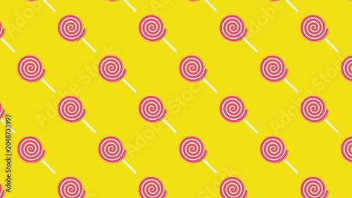 Pink spiral lollipop pattern on yellow background, animated candy backdrop for kids, sweets, wallpaper, wrapping, textile and social media design, seamless style 3D animation