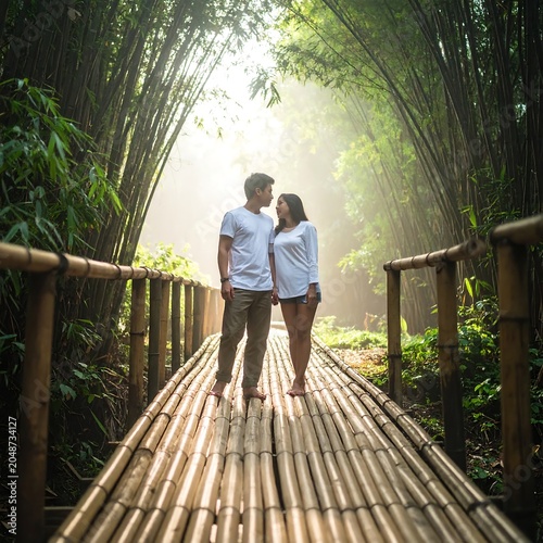 Couple walking hand in hand on wooden bridge in forest.