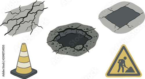 Photos Road Damage Set Featuring Asphalt Pothole Surface Cracks Street Repair Patch Tra