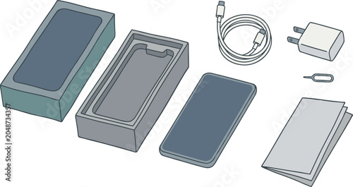 Foto Smartphone Unboxing Set Featuring Retail Product Box Type C Charging Cable Wall