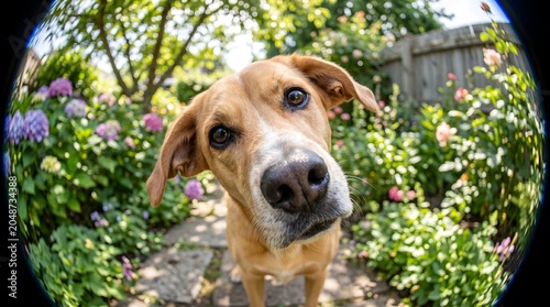 Canine, Fisheye, Curious dog animal portrait in a garden with fisheye lens. an amusing wide-angle fisheye lens portrait looks down at a curious dog