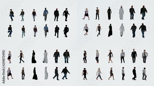 Crowd character reference atlas for green screen compositing with chromakey background and 3d animated cartoon animation style. Pedestrian motion collection for editing scenes transitions.